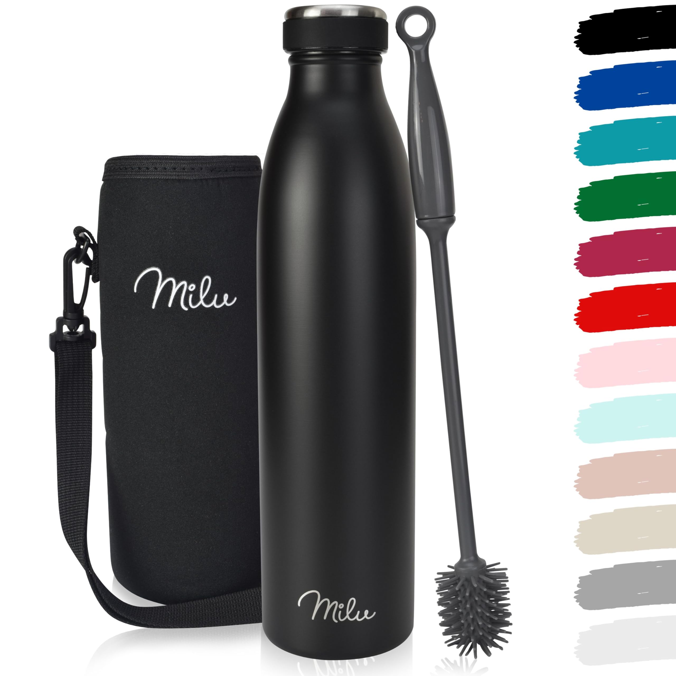 Milu Stainless Steel Drinking Bottle 1000 ml - Insulated Thermo Flask for Water - Leak Proof, Insulated and Double Walled, Carbonated (Black, 1L)