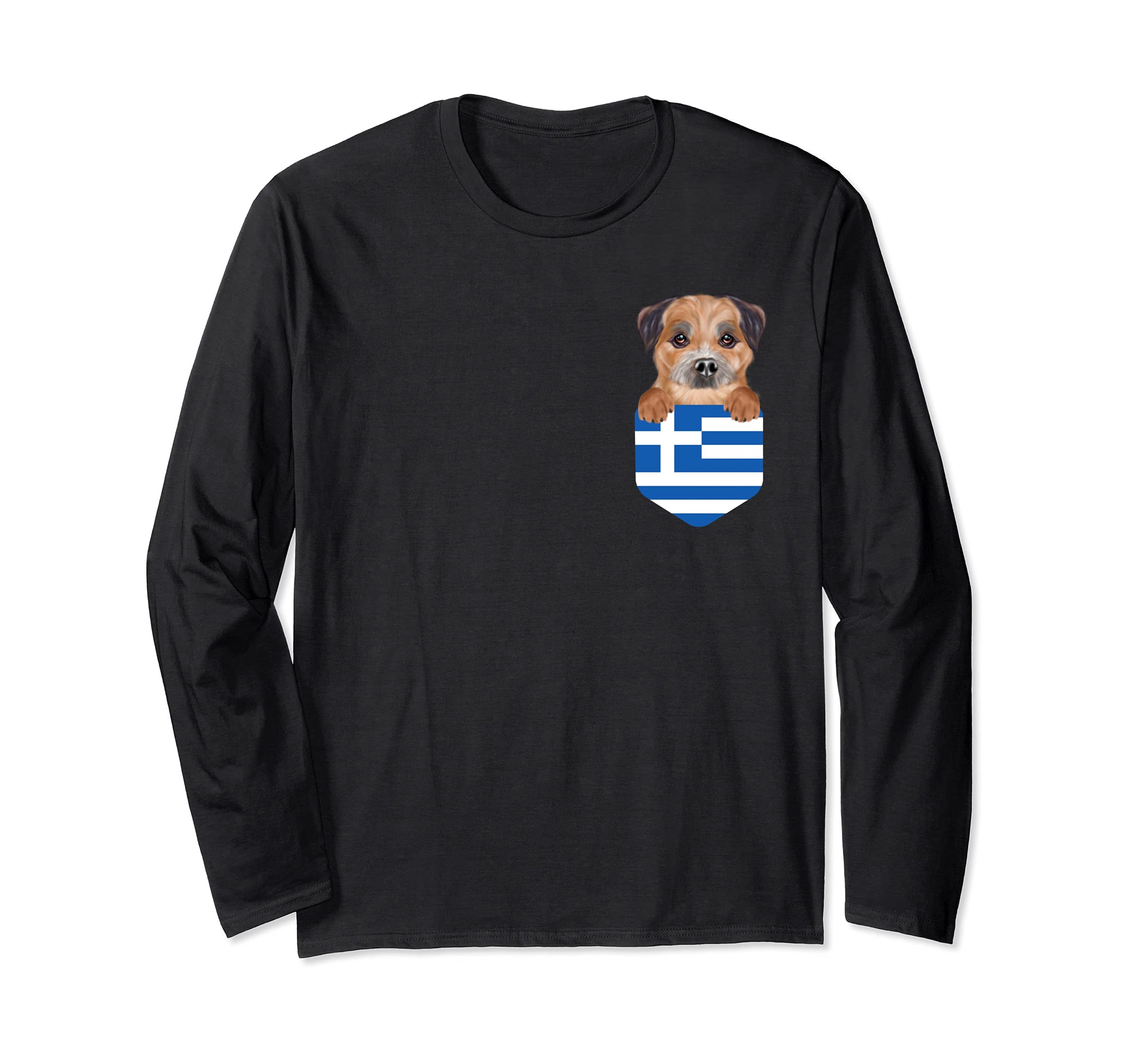 Greece Flag Border Terrier Dog In Pocket Long Sleeve T-Shirt
