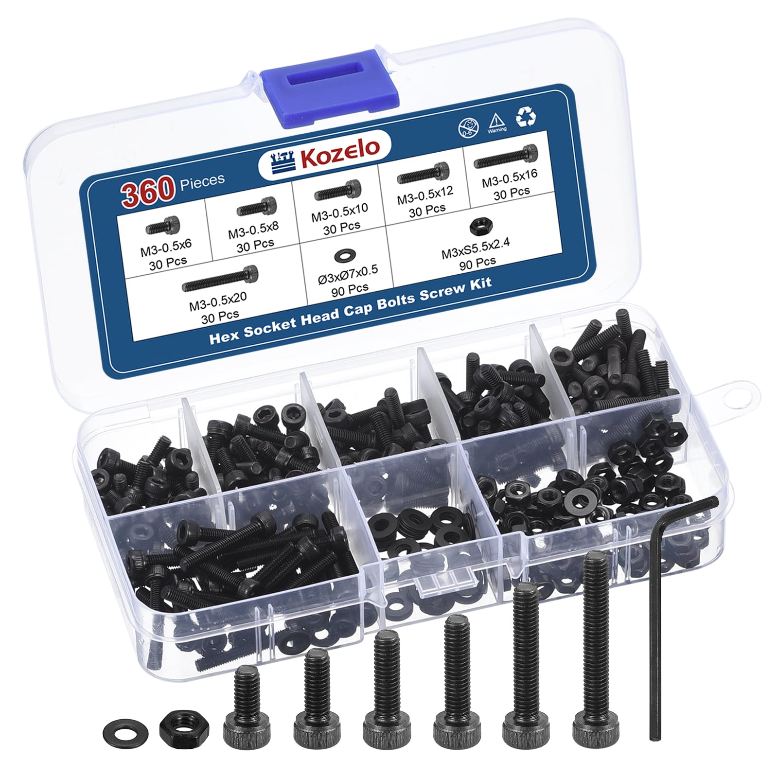 Kozelo 360pcs M3 Socket Head Cap Screws Bolts Nuts Assortment Kit - [M3x6/8/10/12/16/20mm] Alloy Steel Fully Threaded Black Oxide 12.9 Internal Hex Screw for 3D Printer Use, with Wrench — image 1