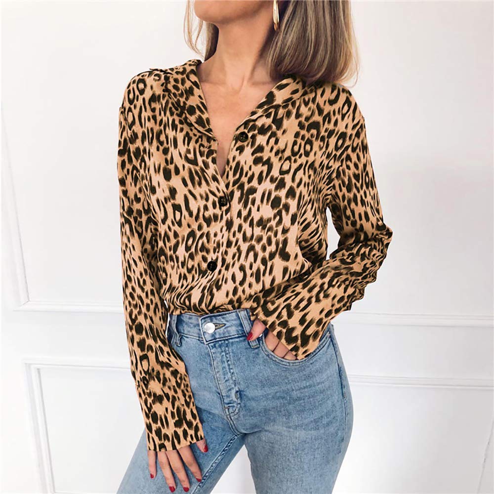 Women\'s V Neck Long Sleeve Button Down Leopard Print Chiffon Blouse Tops Shirt (X-Large, Khaki)