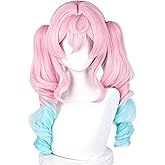 Half and Half Hyacine Cosplay Wig Long Curly Pink Blue Anime Ponytail Wig with Bangs 18.9'' Light Pink Lolita Pigtails Game Wigs for Women Party Halloween