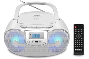 GELIELIM Portable Stereo CD Player Boombox, FM Radio with Bluetooth, Remote Control,CD Players for Home with Headphone/Mic Jack, LED Light Support CD-R/RW/MP3, USB, AC/Battery Operated, White