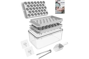 BEGIALO Ice Cube Tray, Round for Freezer with Lid and Bin, Circle/Sphere Mold 66 x 1.0IN Small Balls, Ice Makers with Ice Buckets Tongs & Scoop (White)
