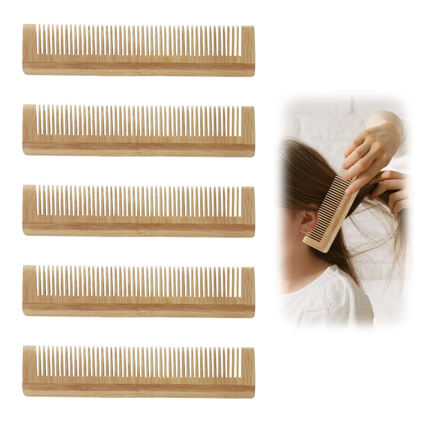 SMCEHEYA Wooden Fine Tooth Comb - Large Bamboo Hair Detangler, 5Pcs Handmade Anti-Static for Men and Women, No Handle, Suitable for All Hair Type/Beard/Mustache