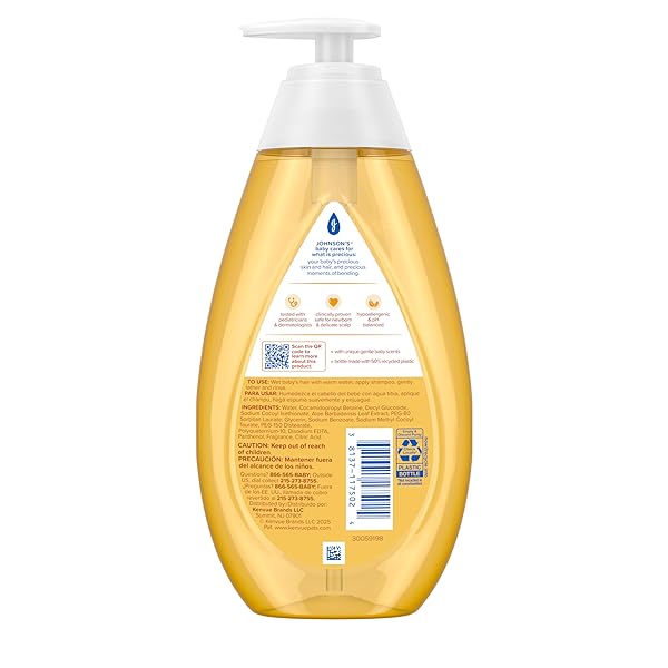 JOHNSON’S BABY SHAMPOO WITH ALOE VERA & VITAMIN B5, TEAR FREE, NEWBORN ESSENTIALS, NO ADDED PARABENS & SULFATES, HYPOALLERGENIC, 20.3 FL. OZ