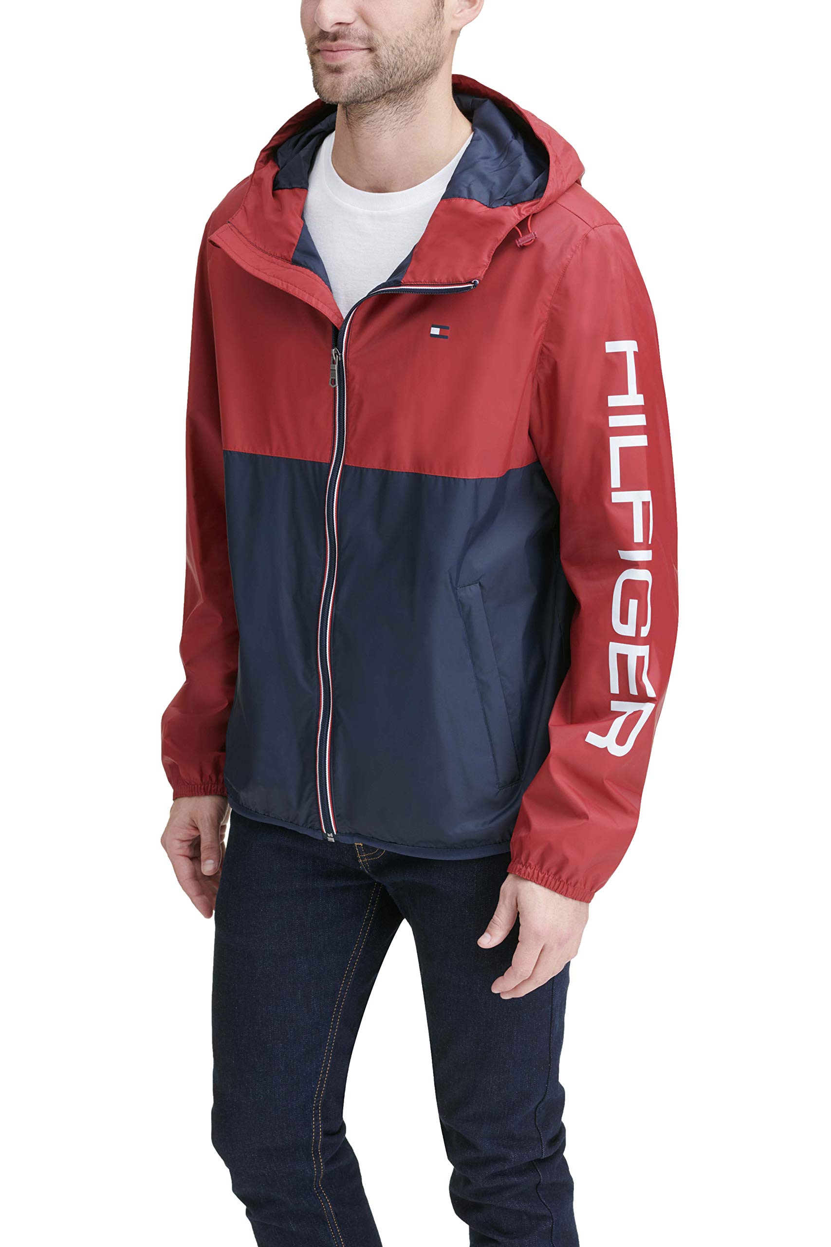 tommy hilfiger men's colorblocked logo rain slicker