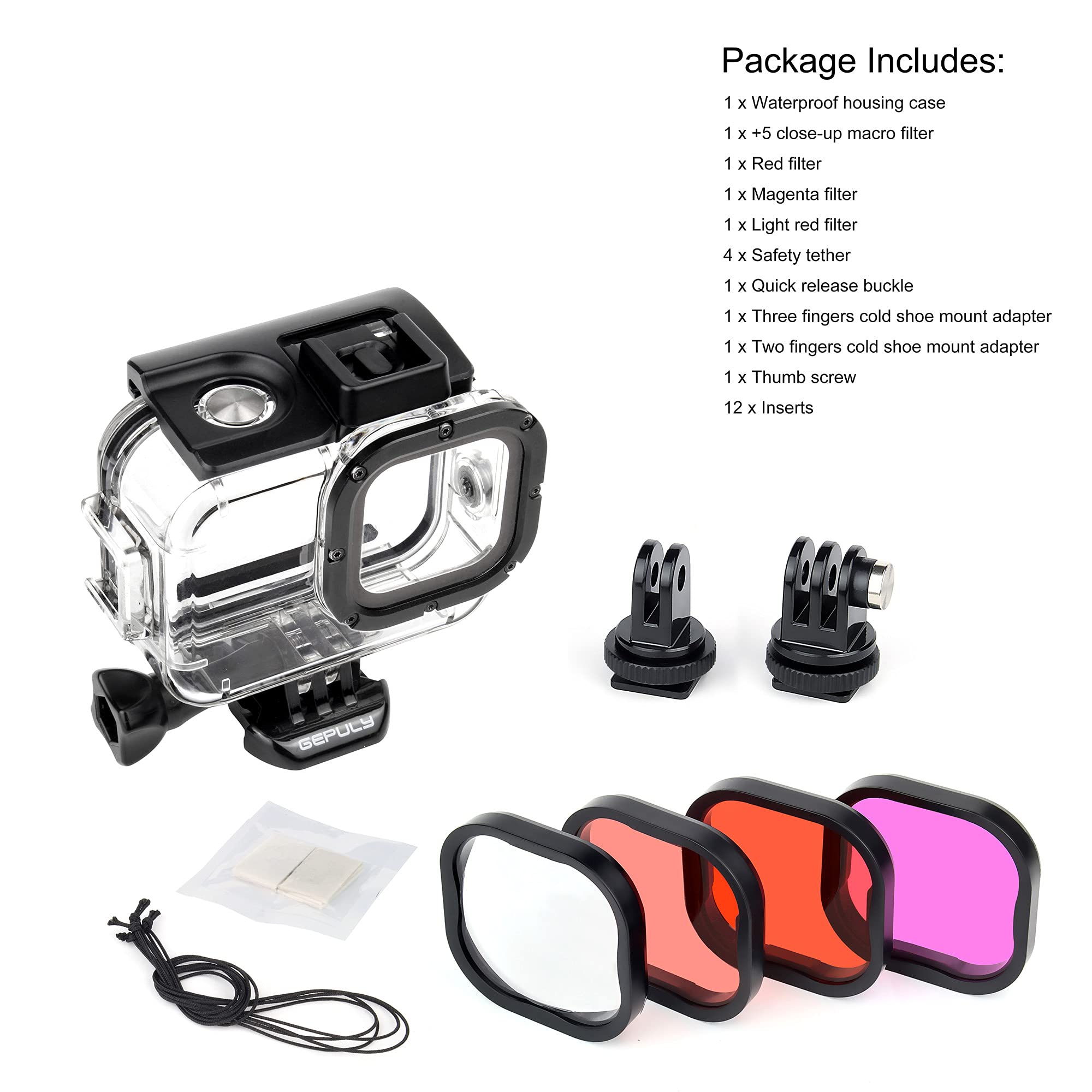 Waterproof Case with Dive Filters for GoPro Hero 13 12 11 10 9 Black, 60M Underwater Protective Dive Housing Case with Red, Snorkel, Magenta, 5X Close-up Macro Filters