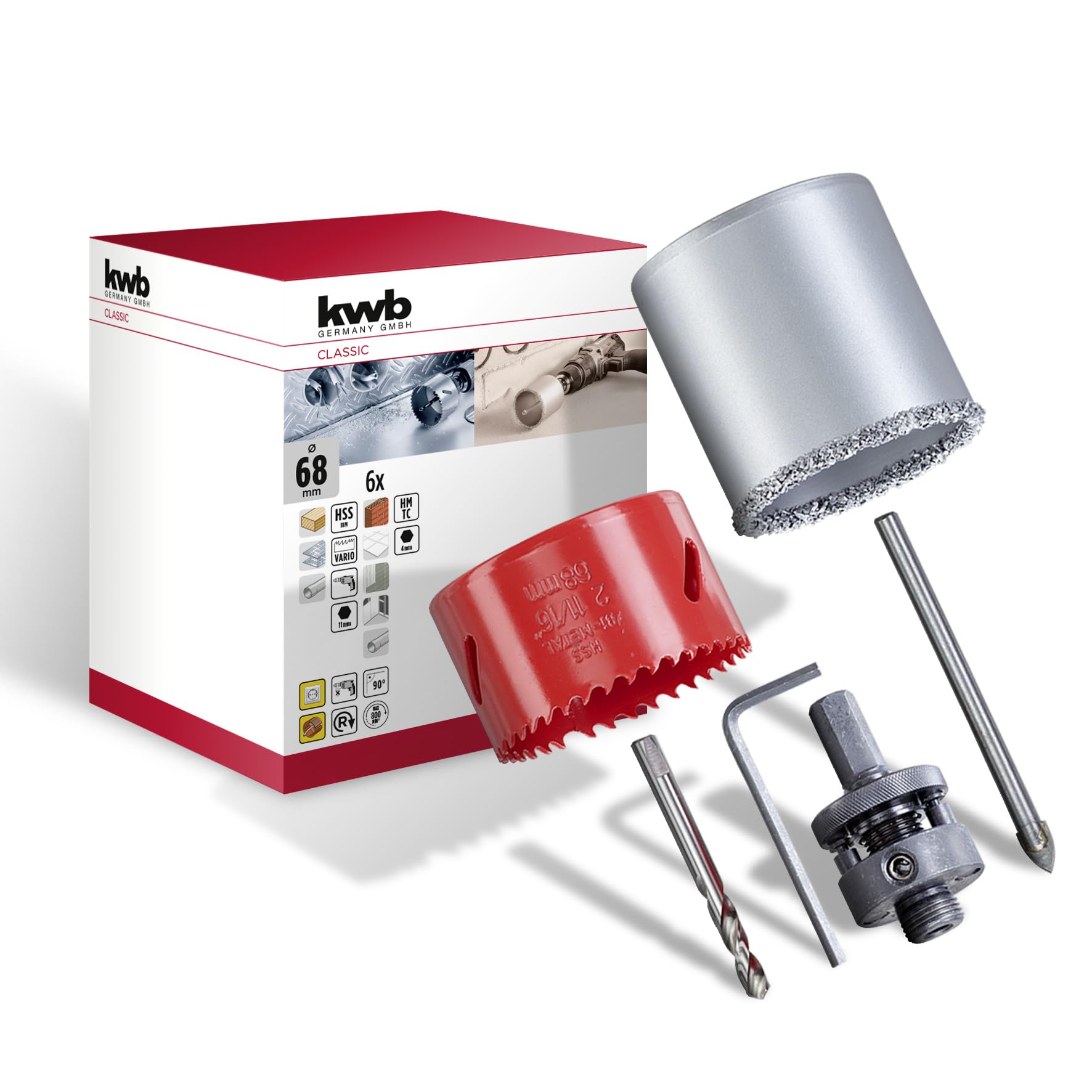 kwb 6-Piece Hole Saw Set Ø 68 Mm with Good Cutting Performance, Long Service Life, 68 Mm Standard Dimension and Centre Drills for Socket Work
