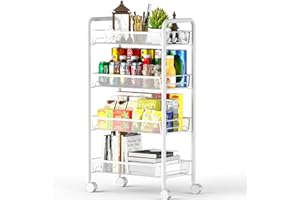 Ovicar 4 Tier Mesh Wire Rolling Cart, Kitchen Storage Organizer Utility Cart, Full Metal Basket Storage Art Trolley Carts with Wheels & 4 Side Hooks