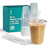GUSTO - 16 oz - 100 Sets - Clear Plastic Cups with Lids and Straws – Disposable Iced Coffee Cups for Cold Drinks, Smoothies, Boba, and To-Go Beverages – Sturdy, Easy-to-Separate