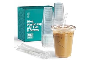 GUSTO - 16 oz - 100 Sets - Clear Plastic Cups with Lids and Straws – Disposable Iced Coffee Cups for Cold Drinks, Smoothies, Boba, and To-Go Beverages – Sturdy, Easy-to-Separate