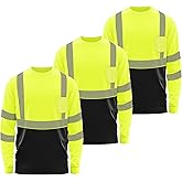 W&H Men's Hi Vis Long Sleeve Safety Shirts, ANSI Class 3 Reflective Workwear, UPF 40+ Heat Transfer Tape, Eco-Friendly, 3PK