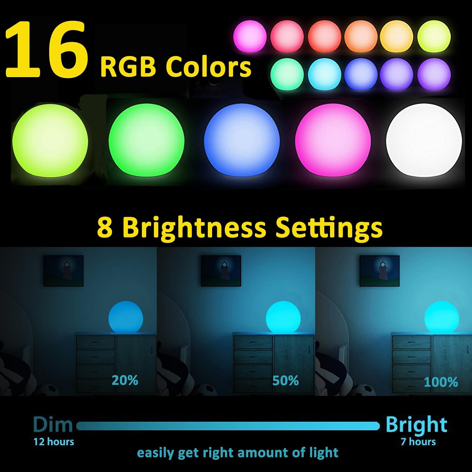 Mr.Go 6“ LED Night Light Ball Lamp Colour Changing Mood Light Sphere Lamp, 8 Dimmable Brightness, 16 Adjustable Colors - Image 3