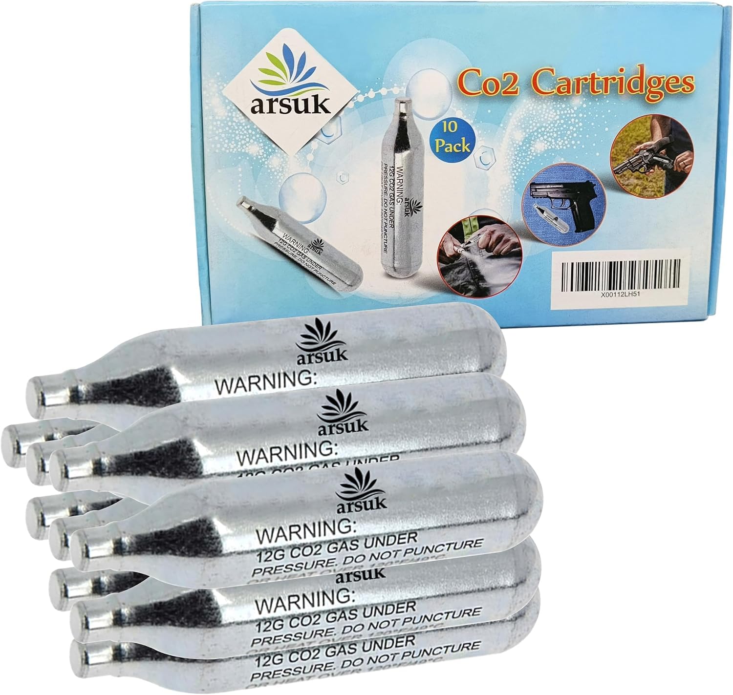 ARSUK 12g CO2 Cartridges for Airsoft Guns – Pack of 10 Non-Threaded Gas Canisters – Stainless Steel CO2 Capsules for Airsoft BB Gun, CO2-Powered Devices & Gear