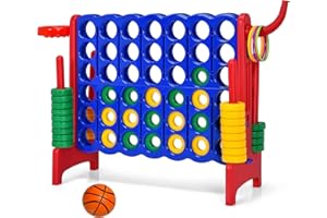 Costzon Giant 4-in-A-Row, Jumbo 4-to-Score Giant Game w/Basketball Hoop, Ring Toss, Quick-Release Slider, 42 Jumbo Rings, Indoor Outdoor Family Connect Game for Kids & Adults, Backyard Games, Red