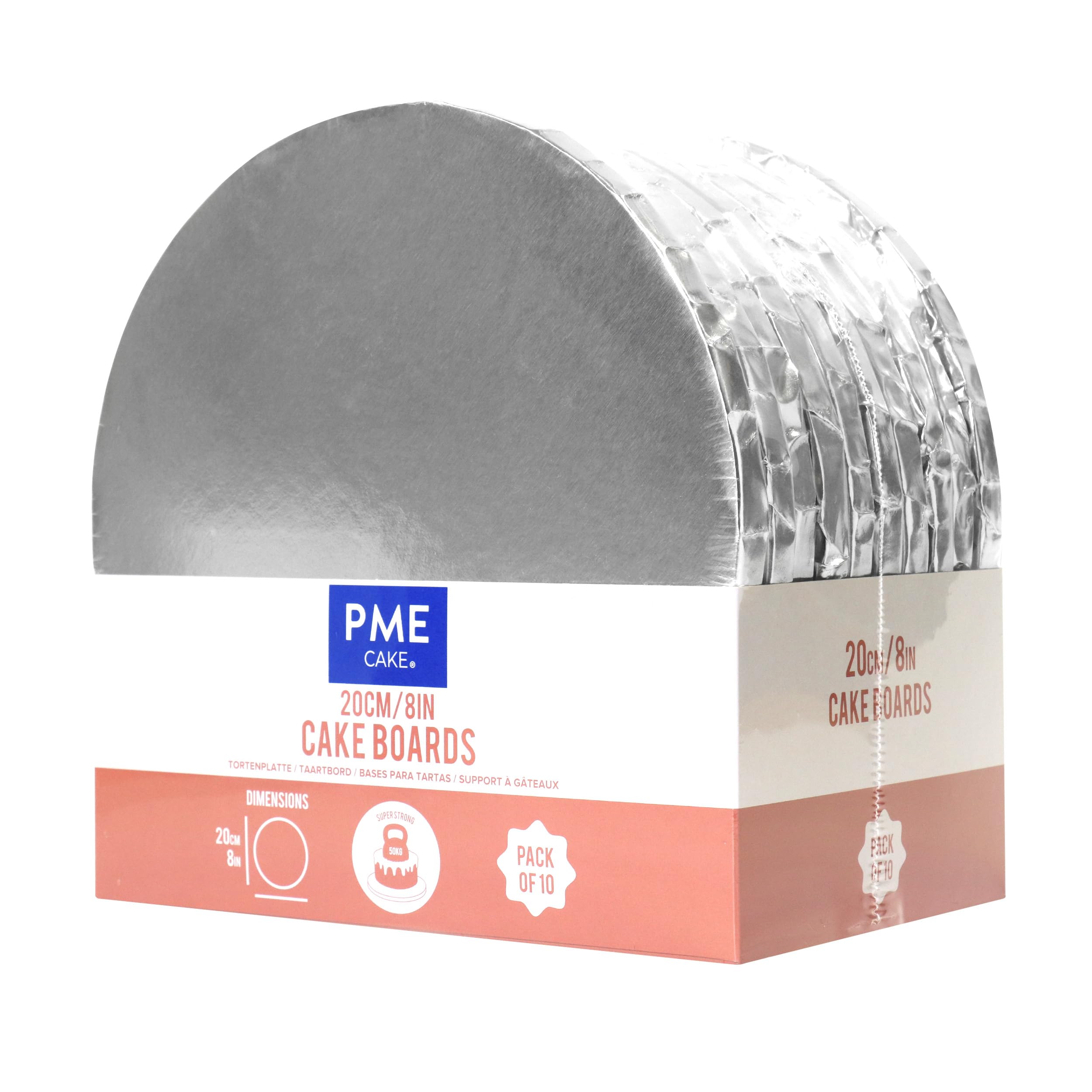 PME Pack of 10 Round Cake Boards with Wrapped Edges, Silver (8" / 20cm)