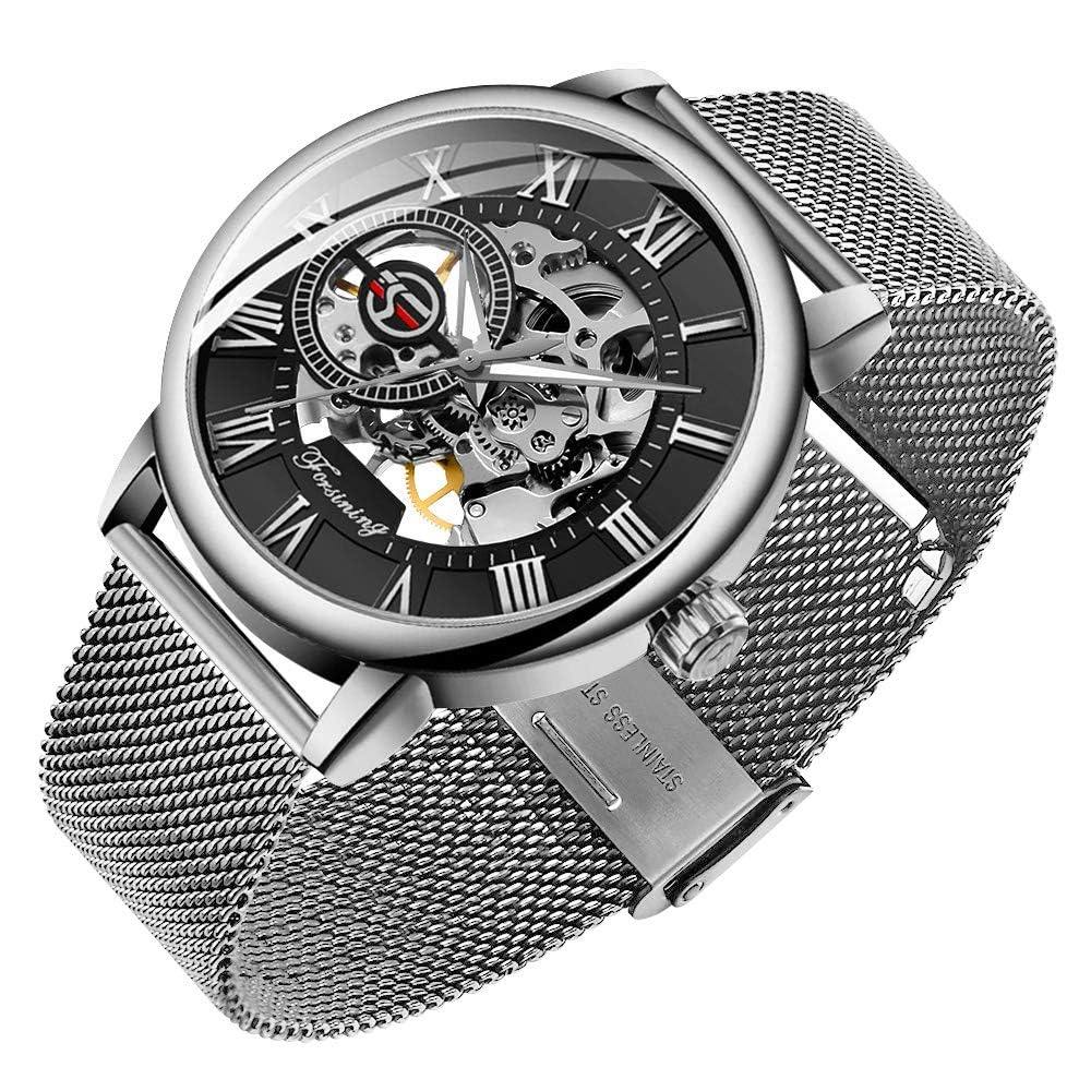 Gosasa Fashion Men's Mechanical Hand-Wind Watch Ultra Thin Hollow Skeleton Stainless Steel Bracelet Mesh Skeleton Wristwatch, Silver Black, Modern
