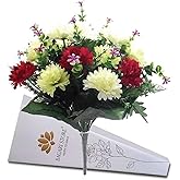 Bagari Artificial Flowers, Large Mixed Bush Grave Flowers, 16 inch Fake Flowers for Decoration, Ivory - Light Green - Red Artificial Flowers for Outdoor & Indoor Events Wedding Party Home Decoration