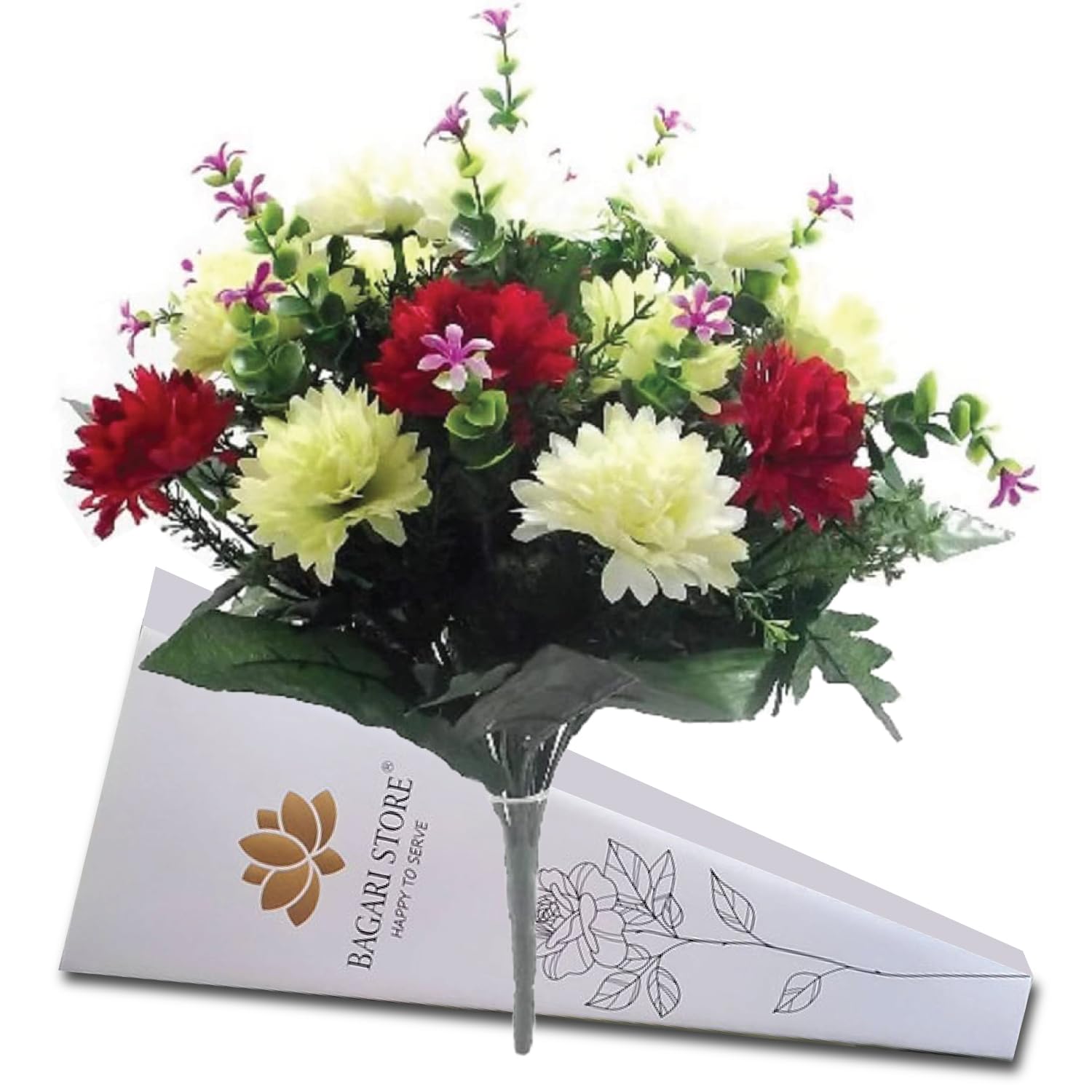 Bagari Artificial Flowers, Large Bush Grave Flowers for Cemetery, (41cm) 16" Fake Flowers for Decoration, Ivory - Light Green - Red Artificial Flowers for Outdoor & Indoor Events Weddings Home Decor