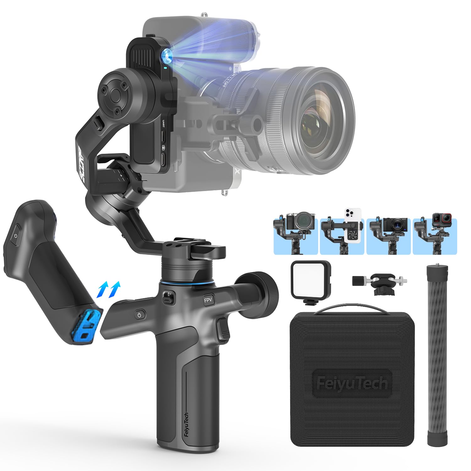 Photo 1 of FeiyuTech SCORP Mini 3 Pro Camera Gimbal Kit w/AI Tracking 4.0, Detachable Touchscreen Handle, 4.4lb Payload, Gimbal Stabilizer for Mirrorless Cameras, Smartphone, Action Cam (Bag+Light+Pole Included)
