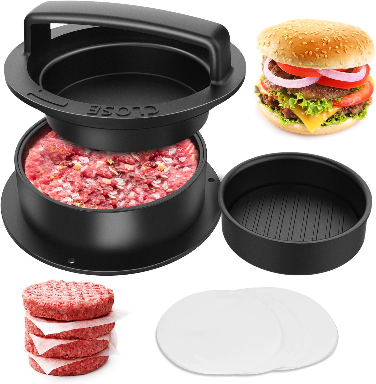 HAIANWONG Stuffed Burger Press 3 in 1, Make The Perfect Burger with 100 Free Patty Wax Papers, Stuffed Burger or Silders, Hamberger Press Patty Maker