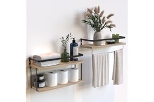 RICHER HOUSE 2+1 Tier Wall Mounted Floating Shelves Set of 2, Rustic Wood Wall Shelf with Metal Frame, Extra Storage Rack for Bathroom, Kitchen, Bedroom with Tissue Rack & Towel Bar - Rustic Wood