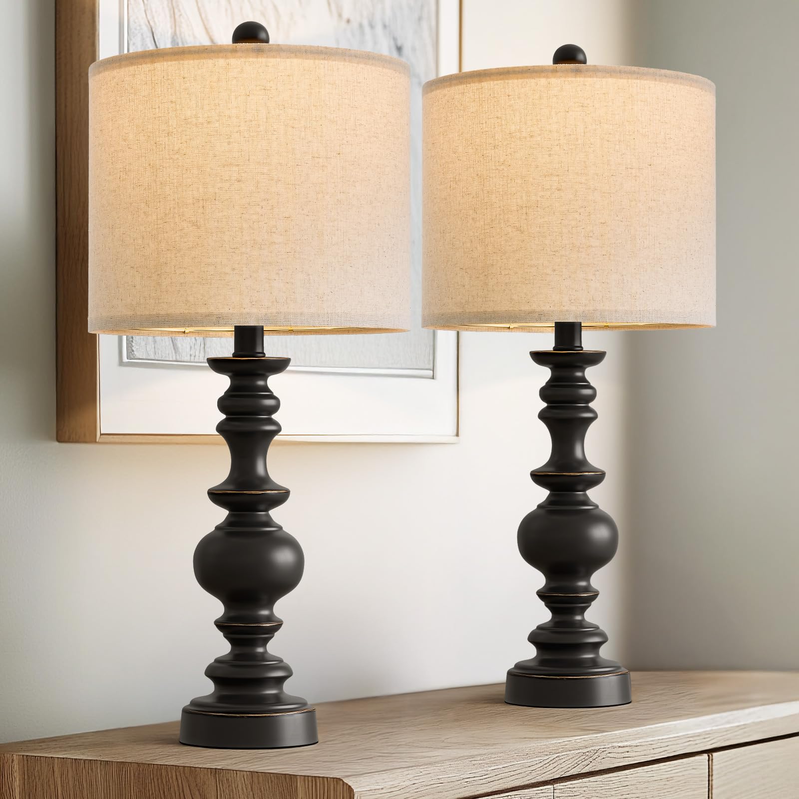 Photo 1 of BOBOMOMO 24" Traditional Farmhouse Table Lamp Set of 2, Vintage Resin Lamps for Living Room Bedroom, Rustic Nightstand Lamp with Linen Shades, Retro Black Table Lamps for Living Room, Bedroom, Office