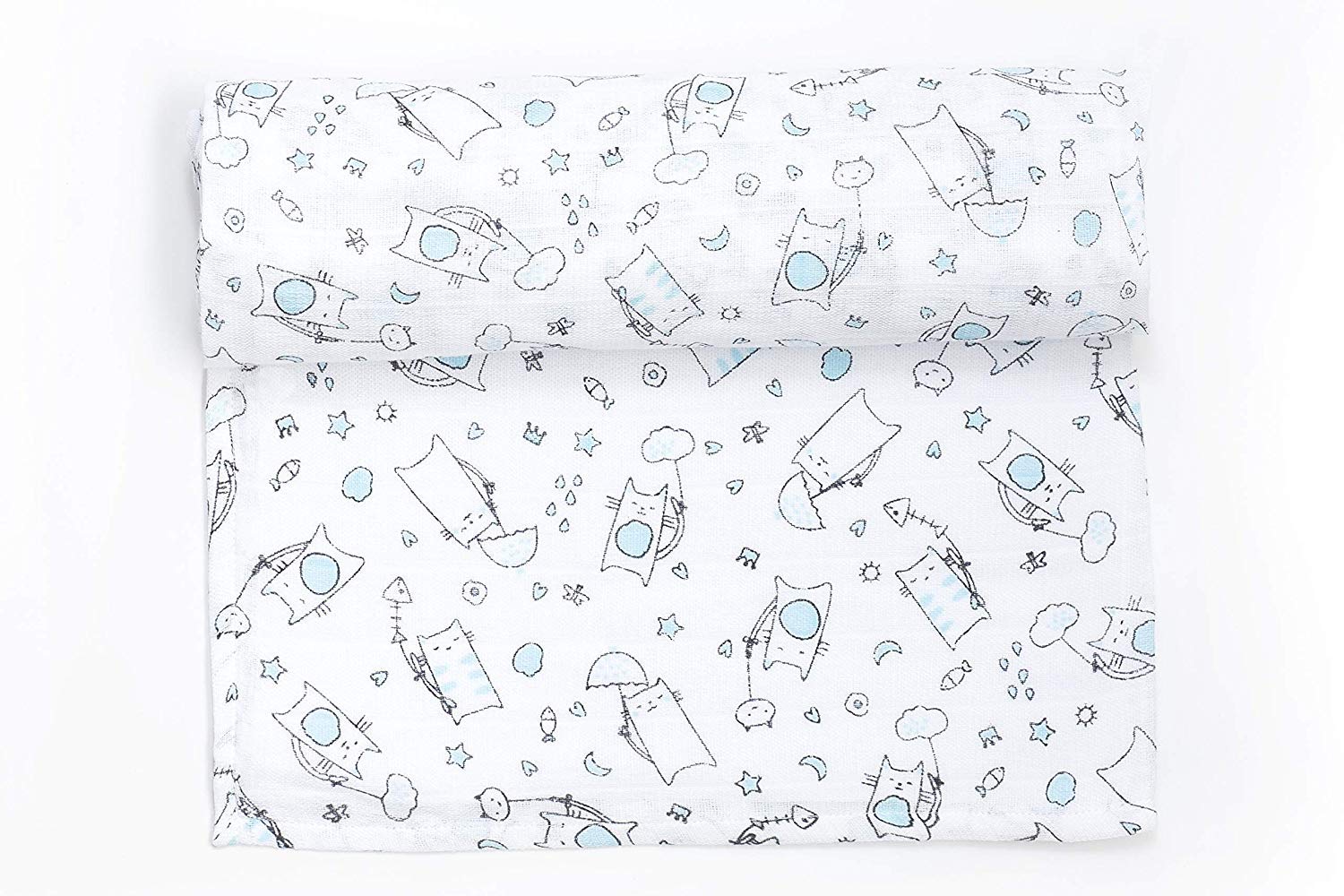 Ti TIN Muslin 100% Cotton 120 x 120 cm, Breathable, Light and Soft, Ideal for Babies 0-36 Months, Easy Wash and Dryer, Made in Spain, Turquoise Kittens Print