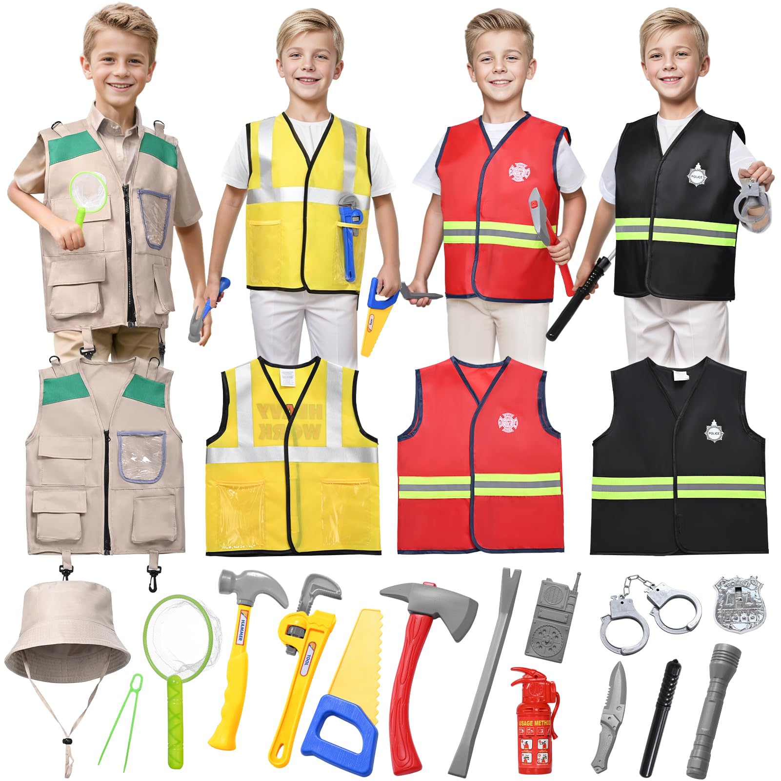 HarnyLoom Kids Police Fireman Explorer Construction Worker Costume, Dress Up Outfit Roleplay Kids Dressing Up Costumes Boys Girls for 3-8 Years Toys Accessories Fancy Halloween Cosplay Suit