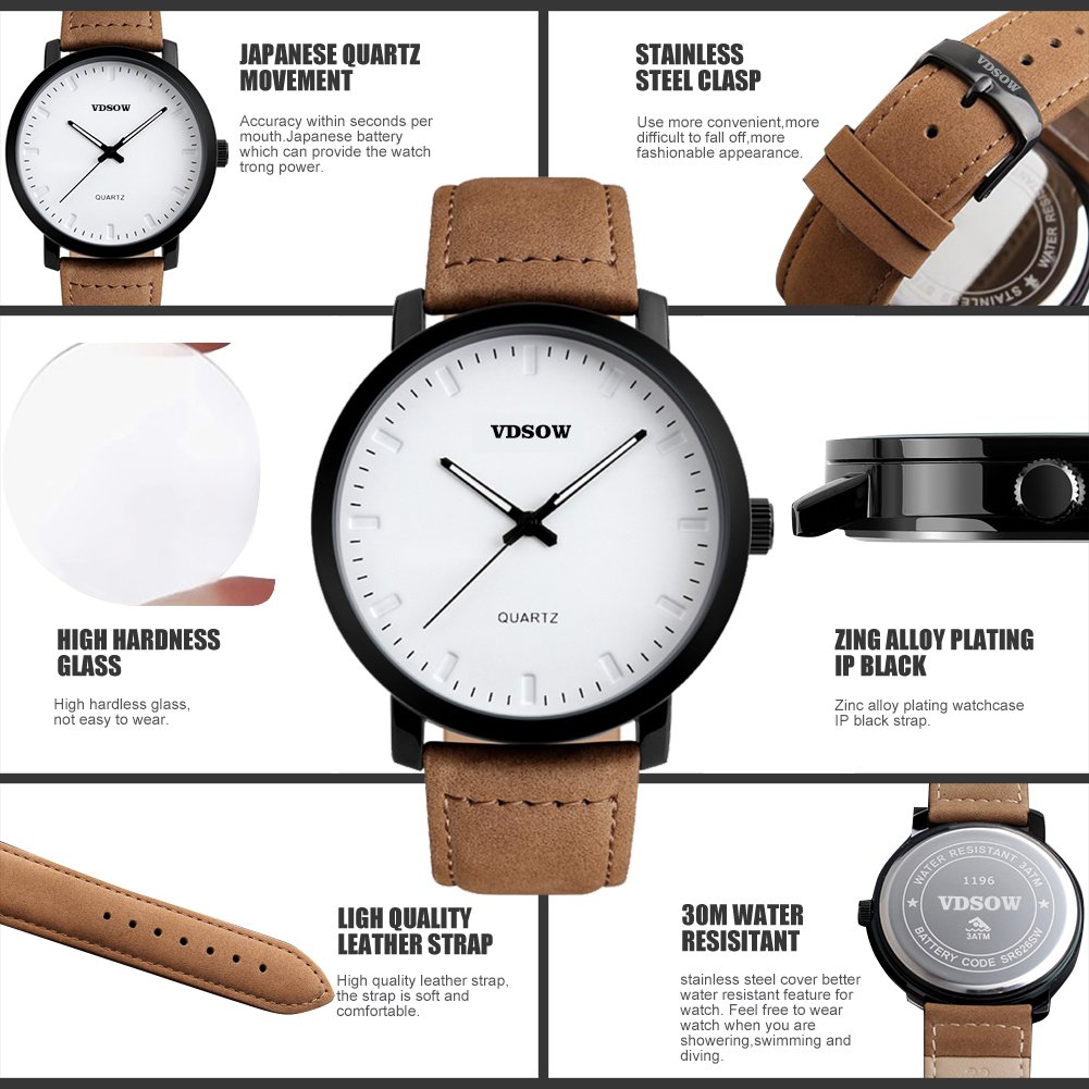 Homme poignet montres avec bracelet cuir Marron - Classic Big Face analogique montre à quartz, 3 ATM étanche Mode décontracté Business Robe montres avec date Calendrier Design Simple pour homme