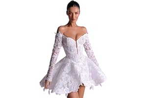 HANSHI E-COMMERCE Short Wedding Dresses for Bride Boho Long Sleeve Lace Strapless Tulle Mini Tight Bridal Dress for Bride