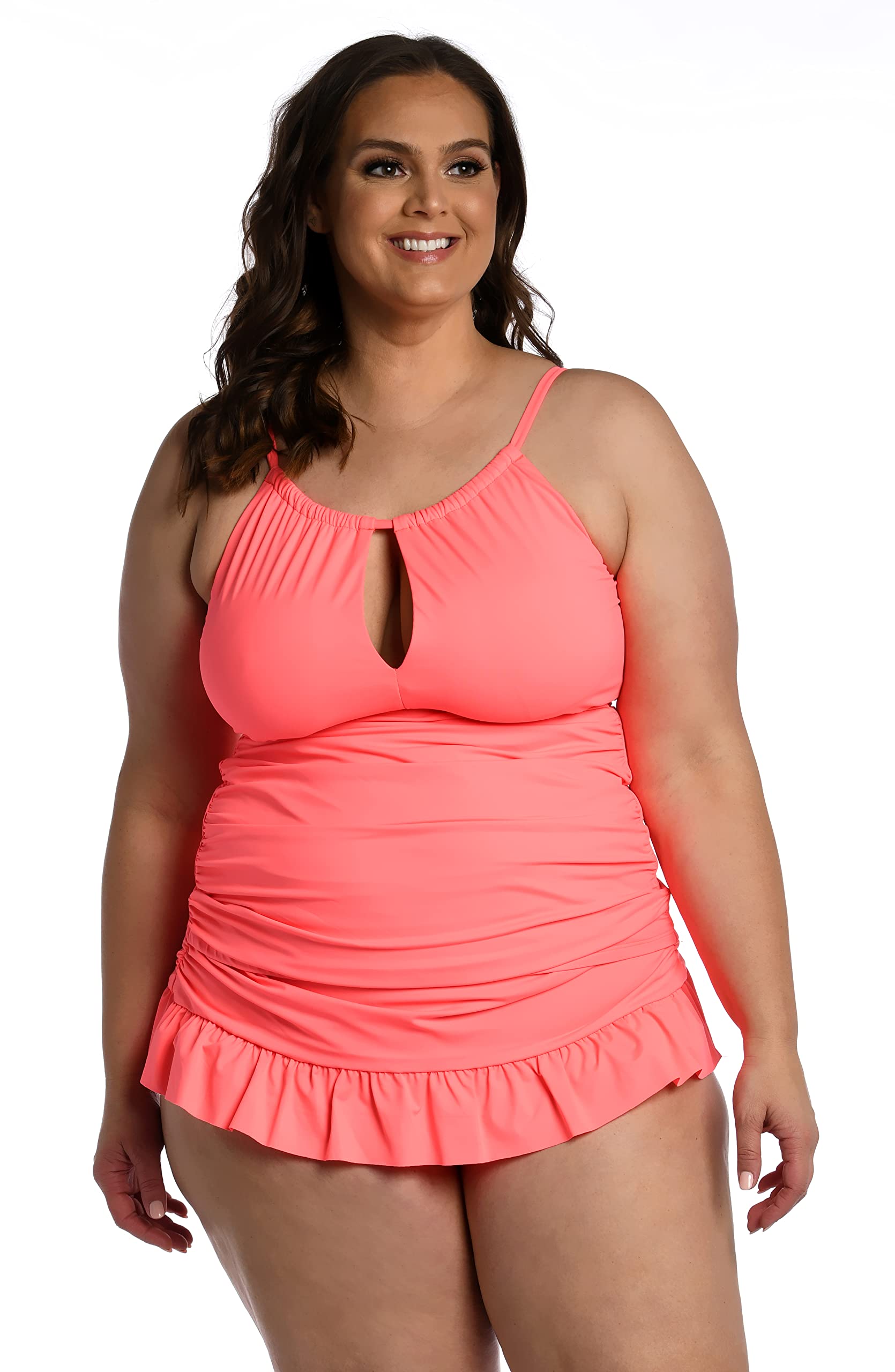 Photo 1 of La Blanca Women's Island Goddess High Neck Keyhole Tankini Swimsuit Top, Hot Coral, 18W