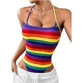 RoseSeek Women's Pride Outfits Rainbow Striped Bodysuits Shirts Halter Top | Tie Backless, Sleeveless, Halter Neck, Going Out Tops, Summer Clothes, Rainbow Tank Top