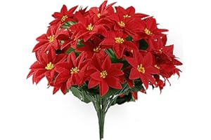Sggvecsy Artificial Poinsettia Bouquet 5 Heads 5 Pack 15’’ Velvet Poinsettia Bush Christmas Flowers for Porch Home Garden Indoor Outdoor Xmas Decorations (Red)