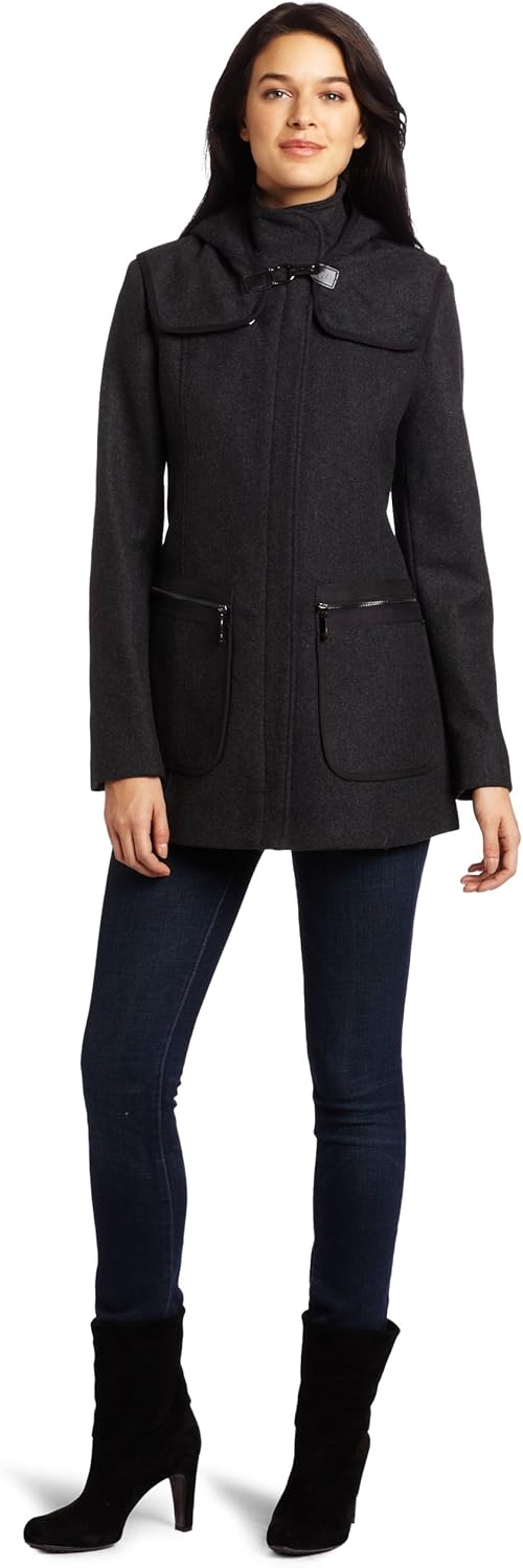Vince Camuto Women's Hooded Wool Jacket, Charcoal, Medium Clothing