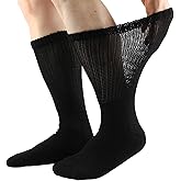 NIIRKIIR Diabetic Socks for Men Women Loose Fit Non-Binding Seamless Cuff Extra Wide Cotton Crew Socks Black White