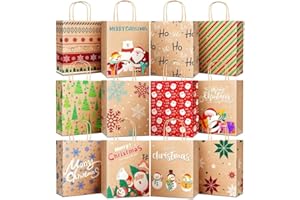 TranquilBliss 12 Unique Christmas Kraft Paper Gift Bags, Durable Handles & Non-Breaking Bottoms, Ideal for Holidays, Birthdays & Parties (24 PCS)