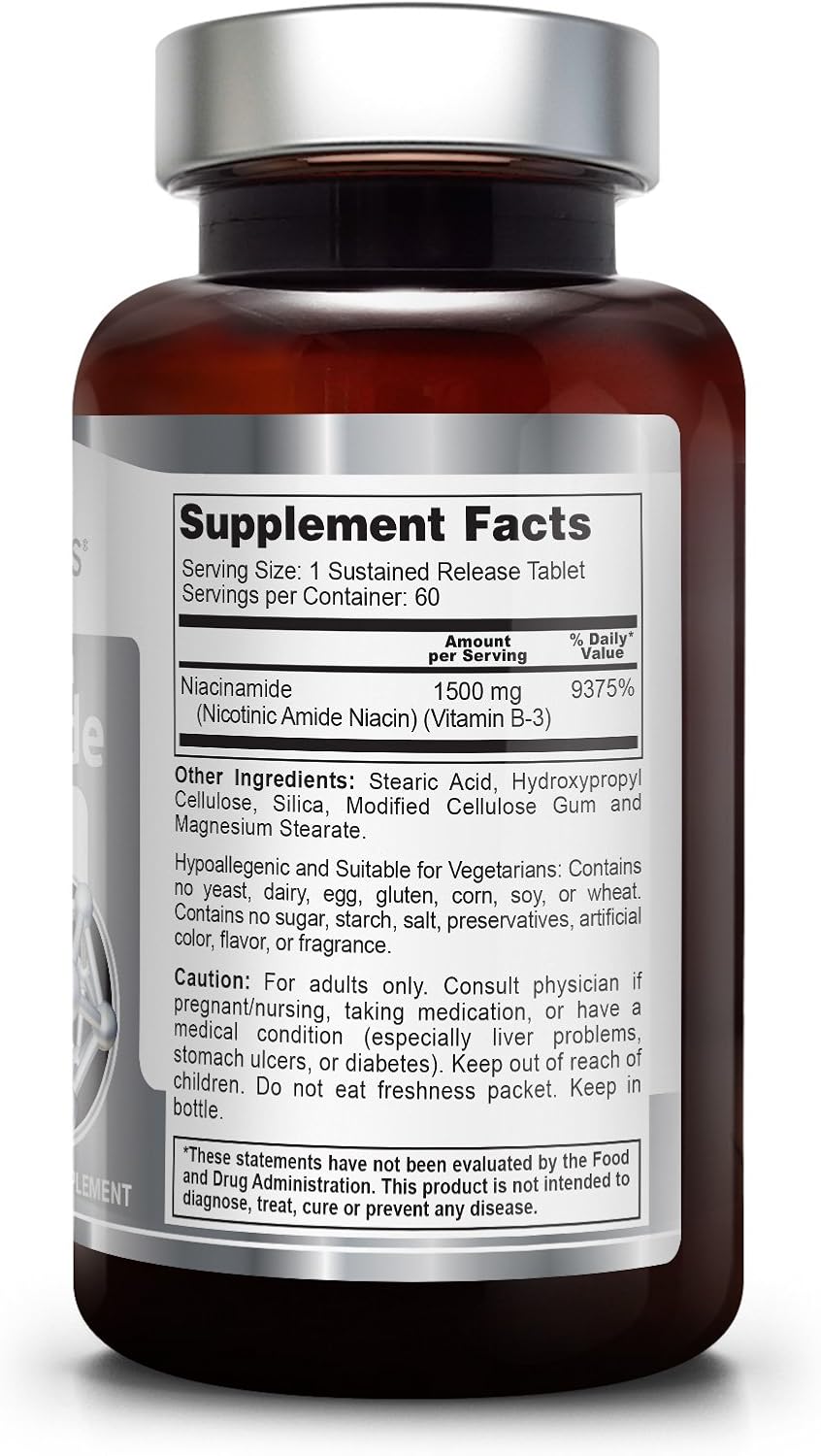 B3 Nicotinamide 1500 mg 60 Tabs Maximum Strength Slow Release Natural FlushFree Vitamin