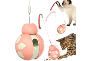 MONOTRE Cat Treat Interactive Toy, Indoor Puzzle Slow Feeding Mental Stimulation Sliding Rolling Cat Toy Ball with Ca-t Teaser, Cats Treat Dispenser Toy for Large, Medium and Small Cats (Pink, ladybug)