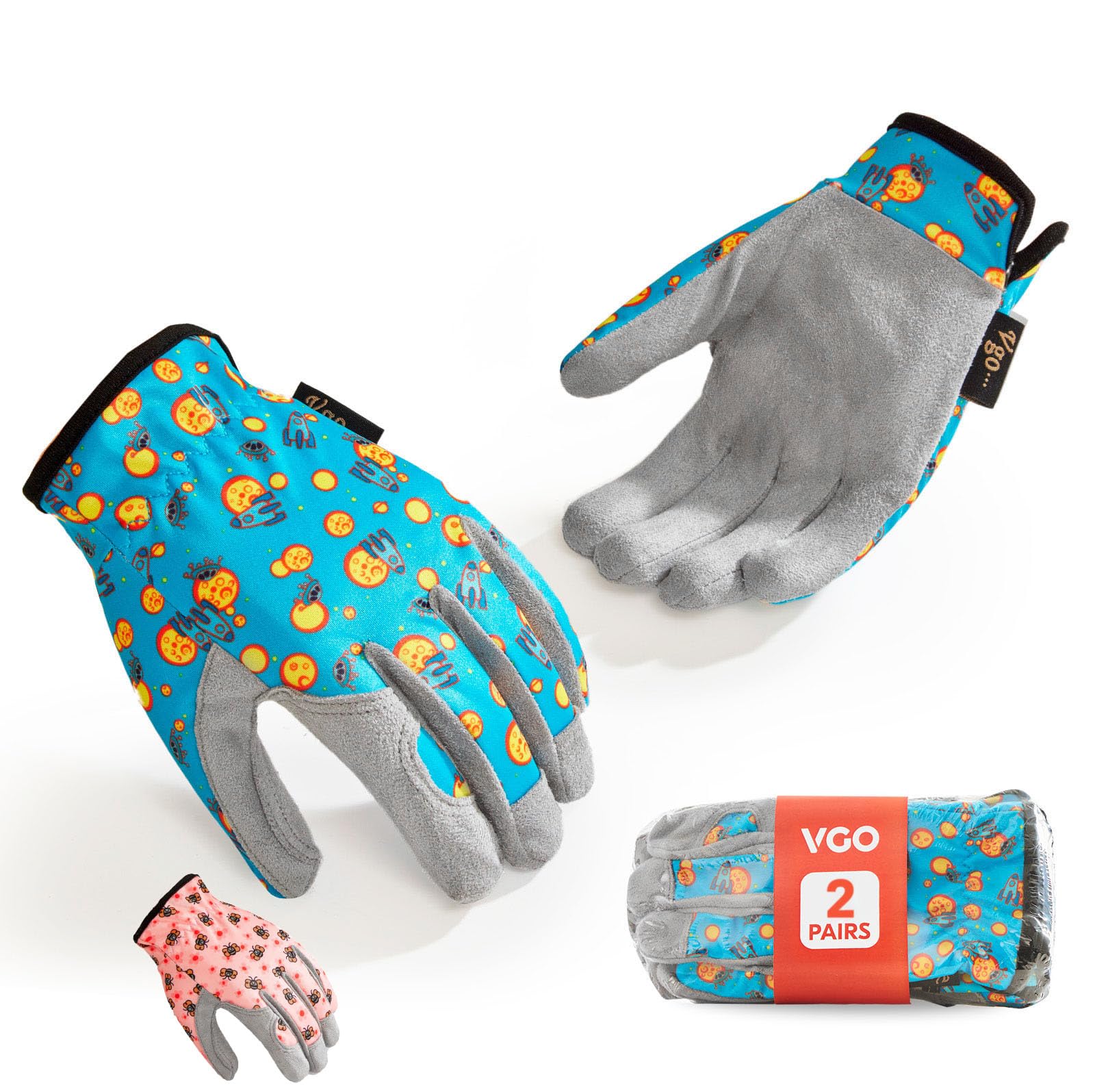 Vgo... 2 pairs Kids Garden Gloves in Leather Palm No-slip, Children Toddler Work Gloves for Gardening Yard Paly Outdoor,Gift Boys&Girls