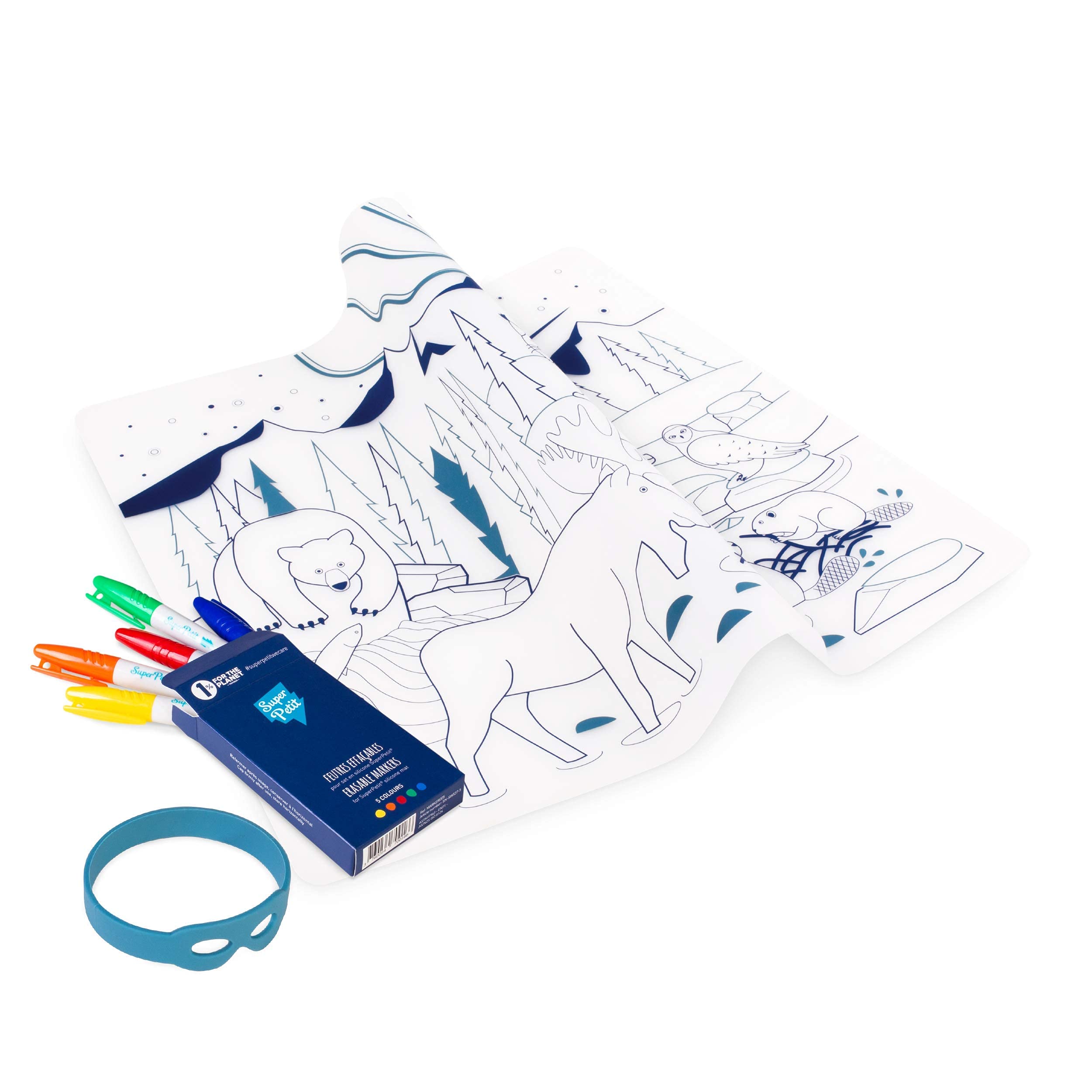 SUPER PETIT - Boreal Colouring Place Mat - 5 Felt-Tip Pens and Bracelet Supplied - Easy to Clean - Reusable - Antibacterial - For Ages 3 Years Over