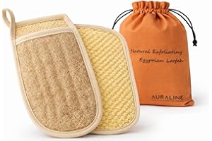 2 Auraline Natural Egyptian Loofah Glove – Pack of 2 Exfoliating Body Scrubber Mitts with Eco Non-Woven Travel Bag – Dual-Sid