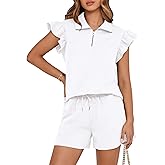 BTFBM Womens 2 Piece Outfits Spring Sweatsuit Zipper V Neck Casual Ruffle Cap Sleeve Tops Drawstring Shorts Lounge Sets