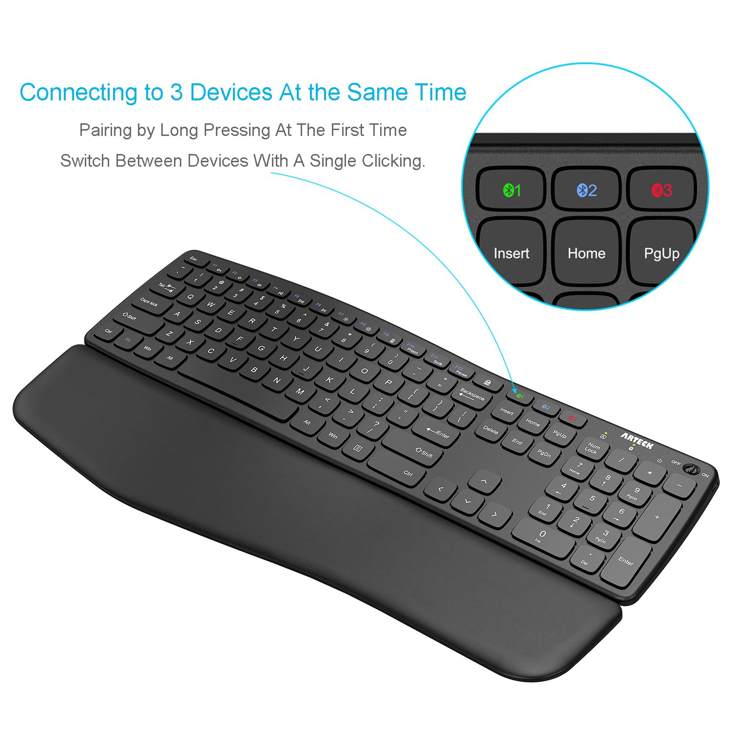 Arteck Bluetooth Universal Wave Comfortable Keyboard with Palm Rest - Multi-Device Full Size Wireless Keyboard for Windows iOS iPadOS Android, Computer Desktop Laptop Surface Tablet Smartphone