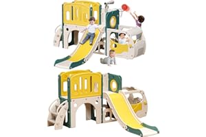 MOCUTEEN Toddler Slide Kids Slide Playset for Babies Bus Themed Toddler Playground with Climber Baskteball Hoop Indoor Playground Outdoor