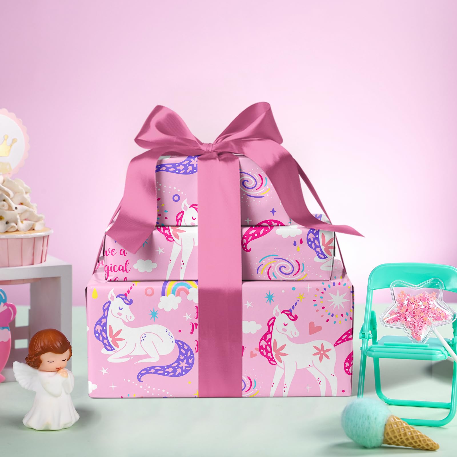 WRAPAHOLIC Pink Unicorn Birthday Wrapping Paper Roll - Mini Roll - 17 Inch x 9.8 Feet - Have a Magical Birthday Perfect for Girls, Baby Shower, Party, Holiday