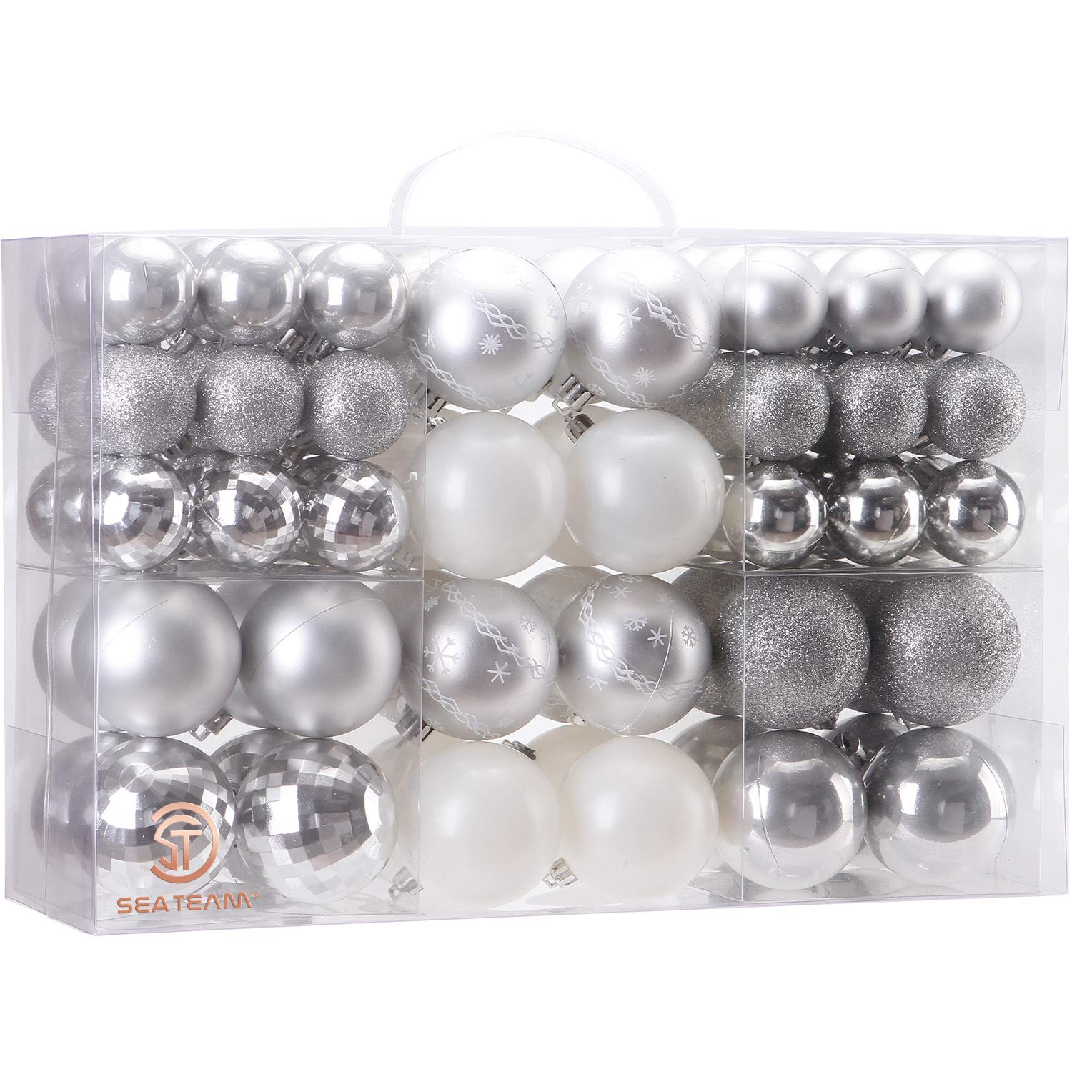 Photo 1 of Sea Team 86-Pack Shatterproof Silver Christmas Ball Ornaments Set, Assorted Multi-Sized Hanging Baubles, Xmas Tree Decorations, Seasonal Décor for Holiday Wreath Garland, Hooks Included