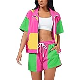 ZDT Women's Color Block 80s 90s Outfit 2 Piece Short Sleeve Costume Zip Up Windbreaker Track Suits Set Pink XXL