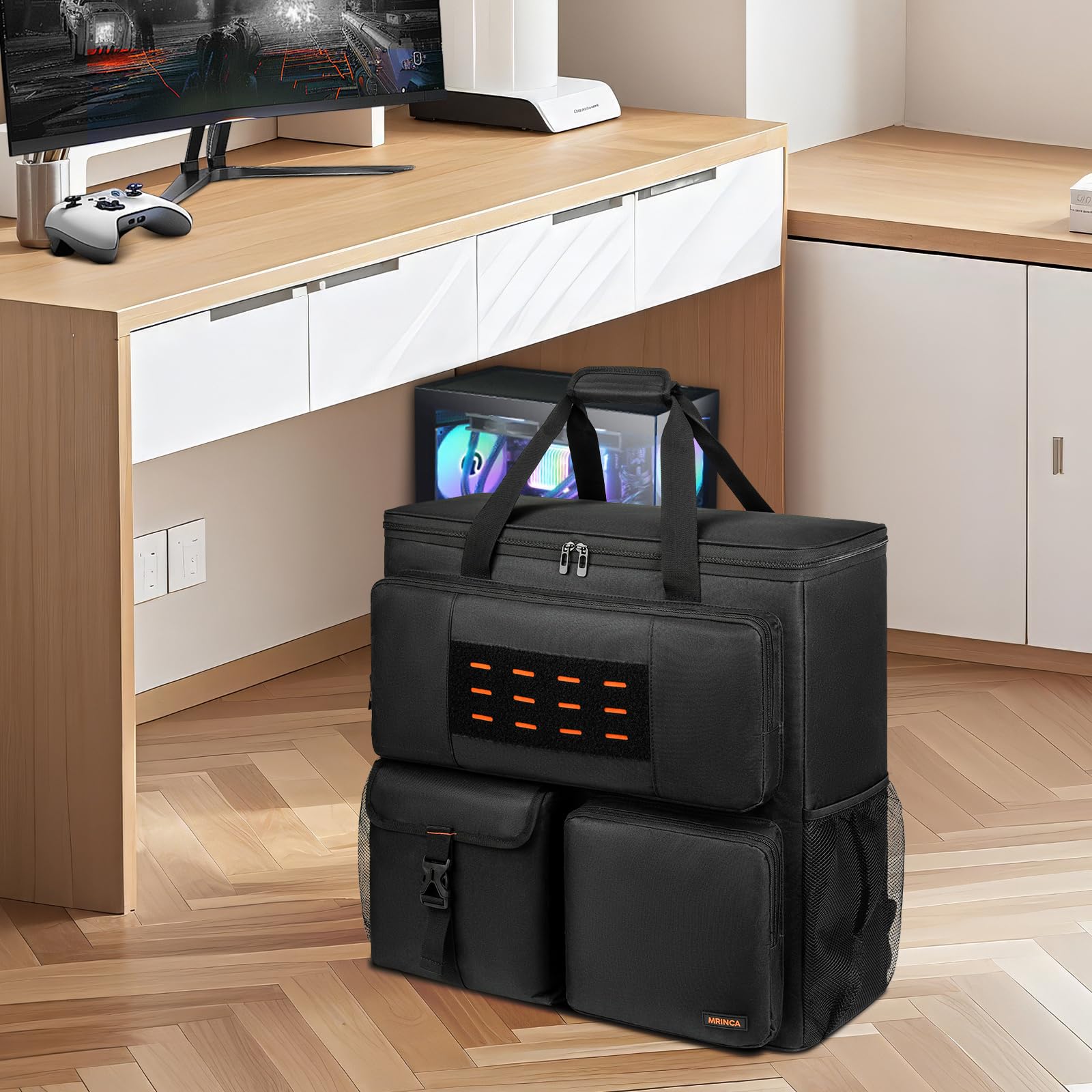 PC Travel Case Backpack for ATX Mid-Tower Desktop Computer, Portable Gaming PC Carrying Case with Pockets for Keyboard, Mouse, Cables & Accessories, Adjustable Padded Straps​