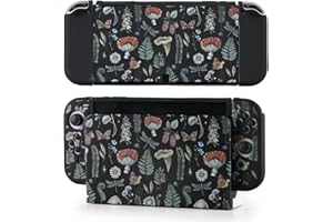 Casosexplorelab Protective Case Compatible with Switch OLED, Silicone Cover Shell for Nintendo Switch OLED Dockable Case Cozy Accessory Full Protection for Controller & Joy con-Black Cottage Mushroom